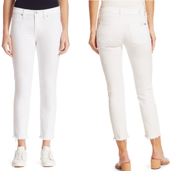 7 FOR ALL MANKIND Roxanne Mid-Rise Frayed Cigarette Jeans in White - Picture 3 of 7